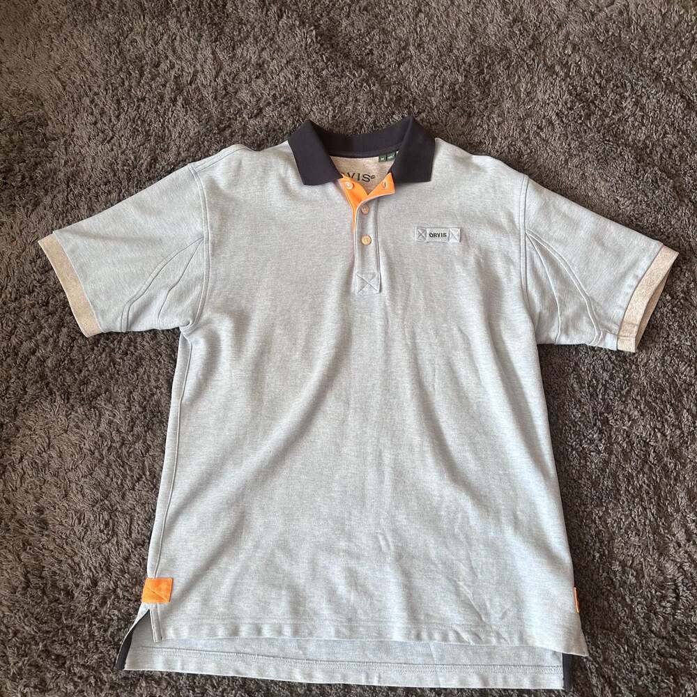 Orvis Men's Short Sleeve Pique Polo Shirt Grey Orange Accents Size Medium